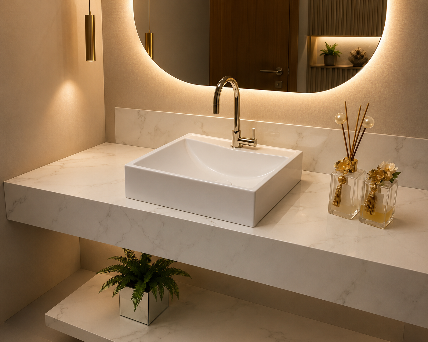 Lavatório esculpido em porcelanato branco com bancada marmorizada