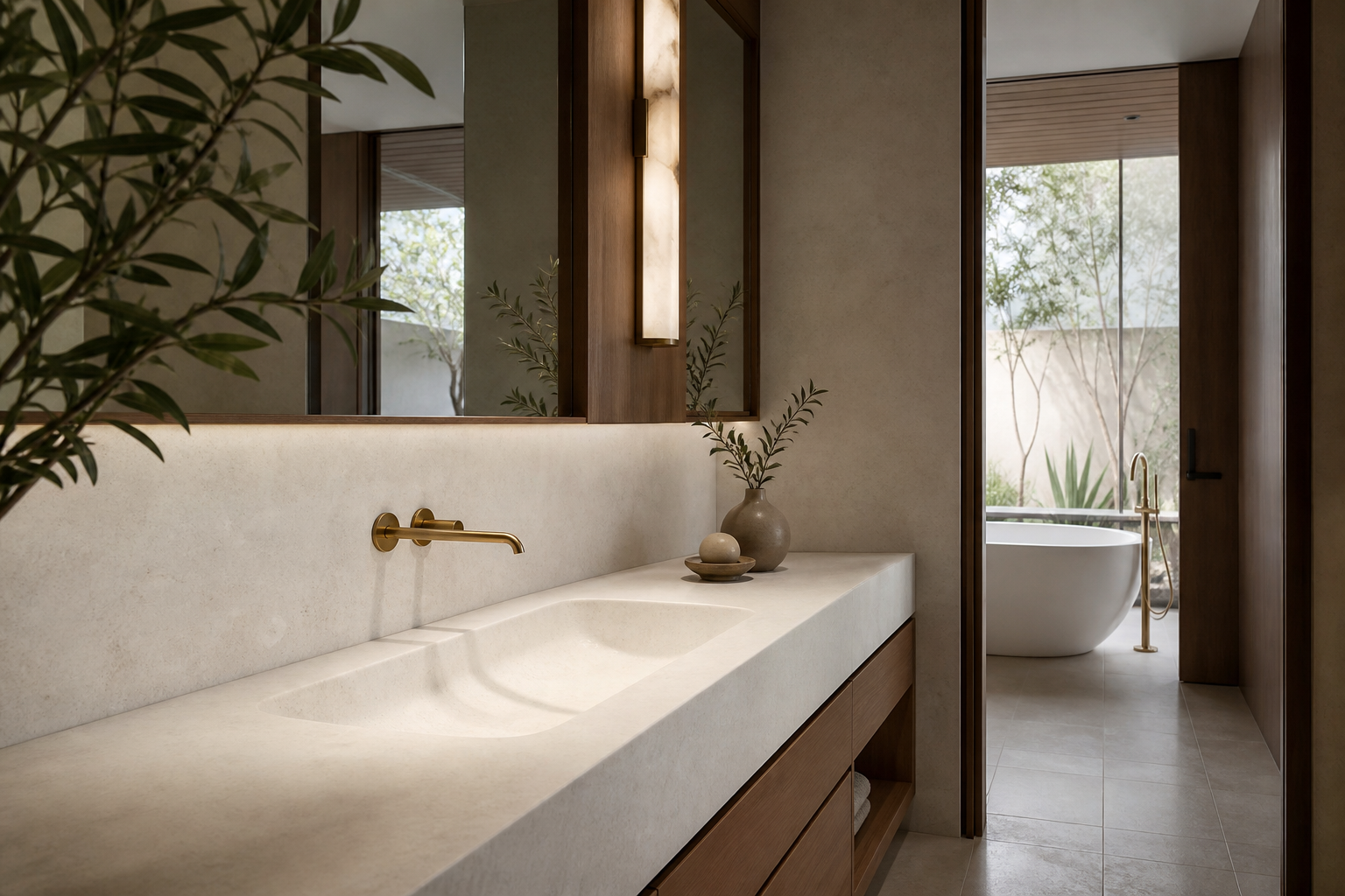 Móvel de banheiro com bancada e cuba esculpida em porcelanato